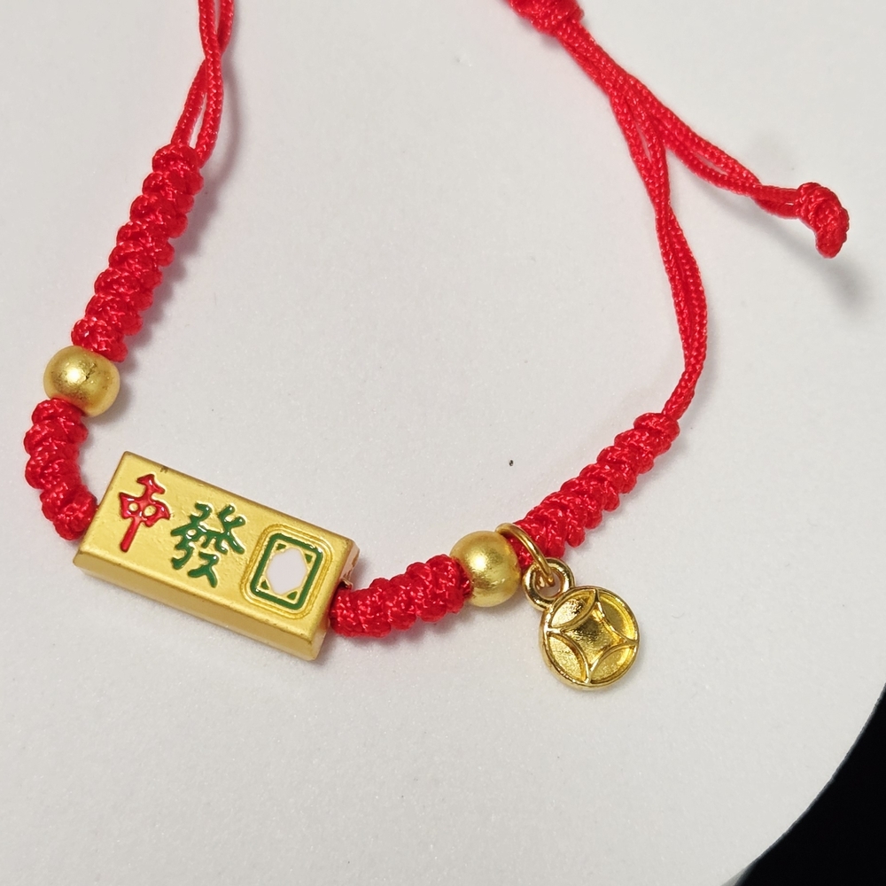 Red String Mahjong Bracelet 🀄 Lucky Gold Charm Chinese New Year Tile Symbols